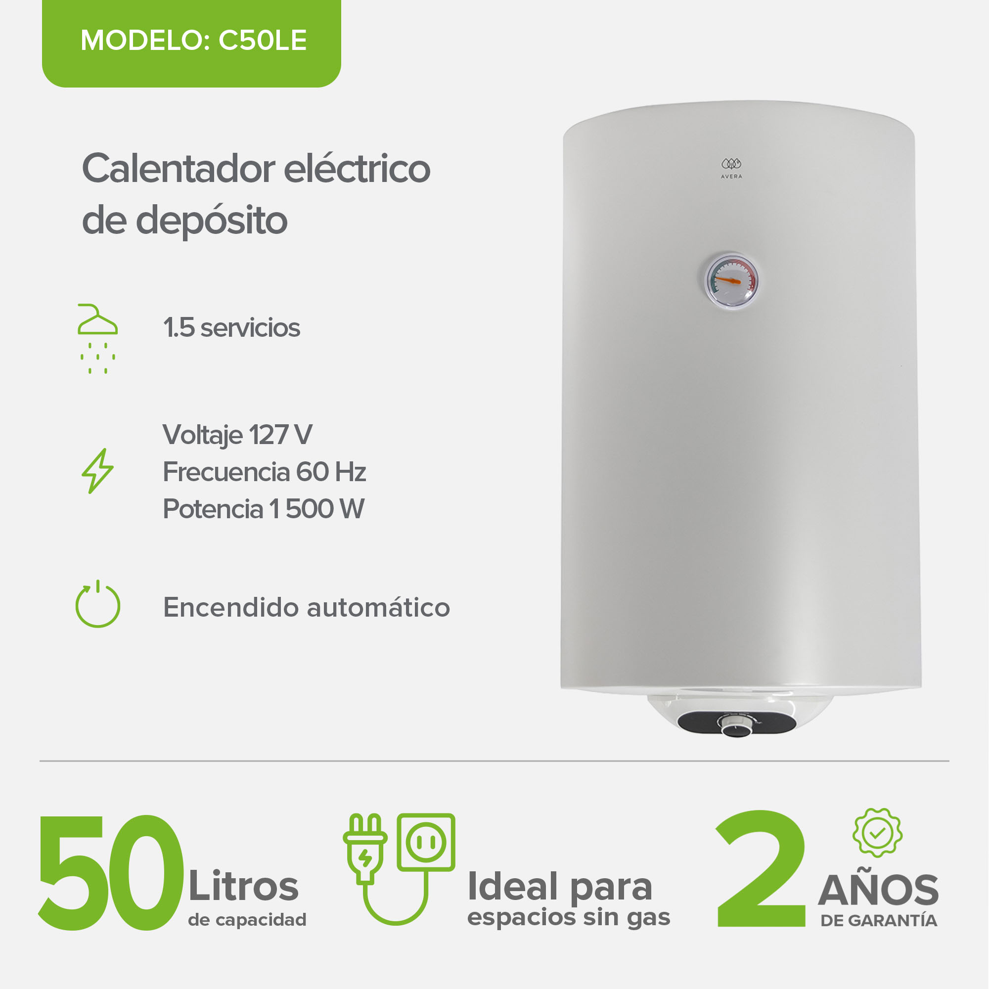 Foto 4 pulgar | Calentador De Agua De Depósito Eléctrico 50l  1.5 Servicios Avera C50l