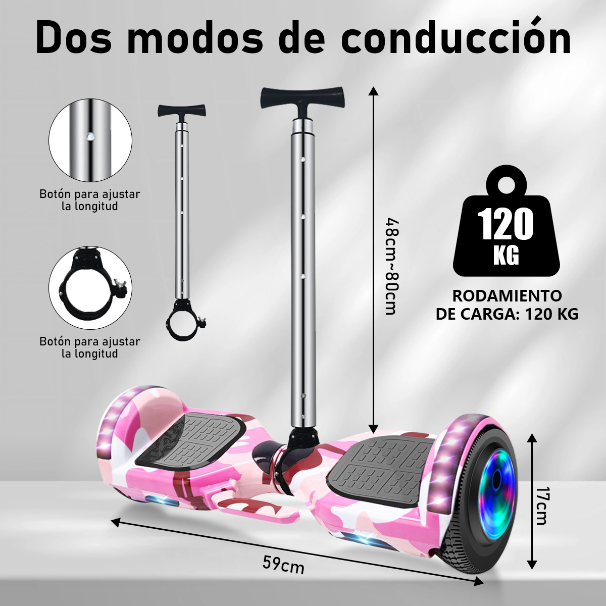 Foto 9 pulgar | Hoverboard Scooter Electrico Con Bluetooth Con Luces Led Y Barra Para Sostenerse Color Rosa