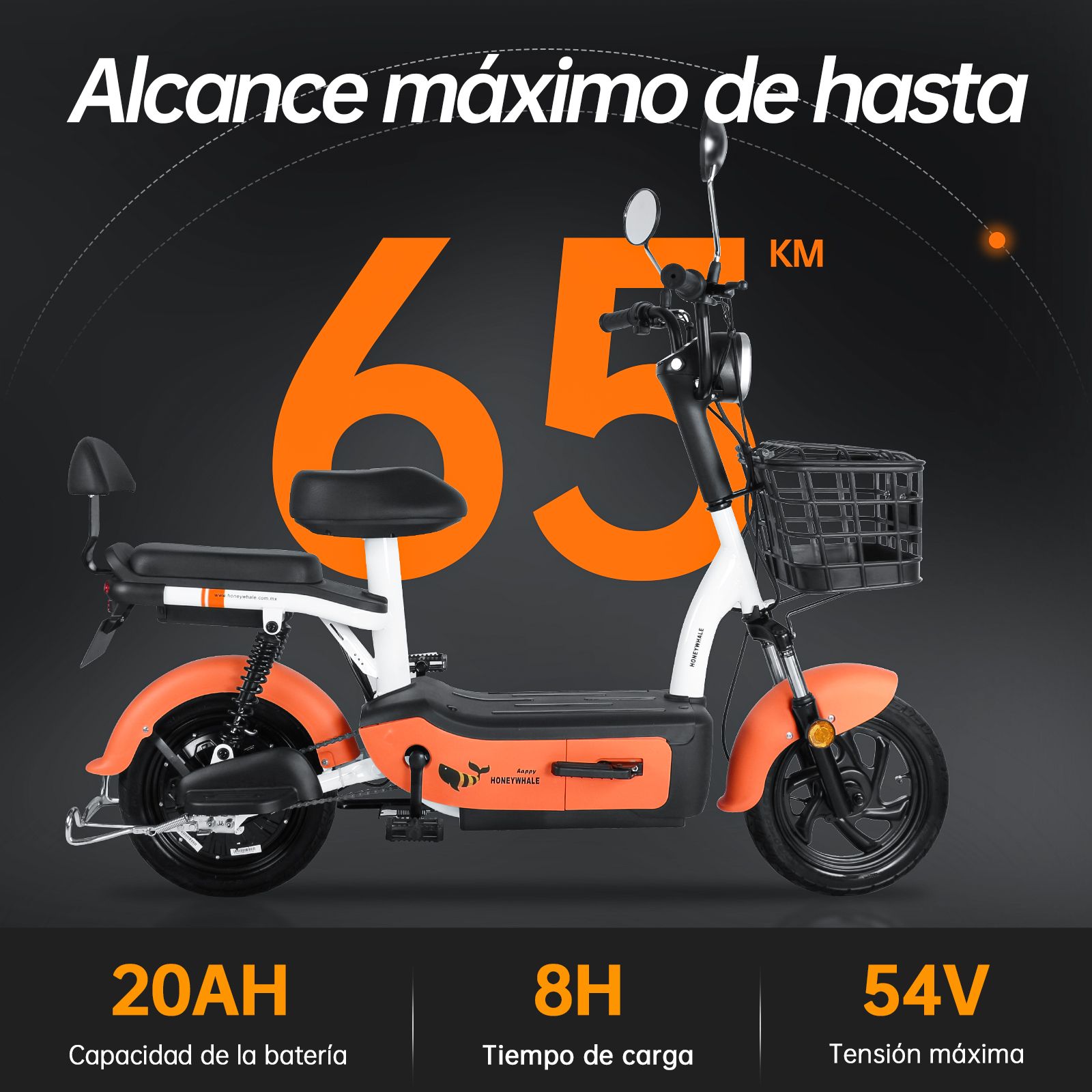 Foto 4 pulgar | Motobici Eléctrica Honey Whale U1S Anaranjada