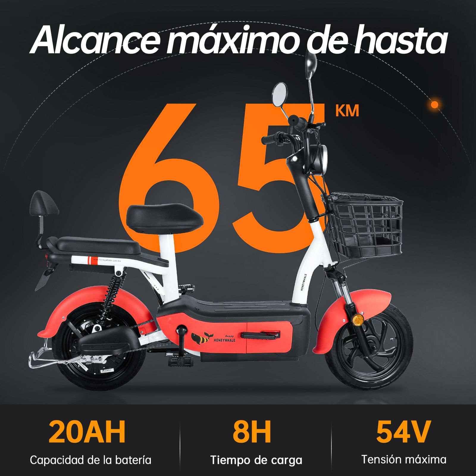 Foto 4 pulgar | Motobici Eléctrica Honey Whale U1S color Rojo