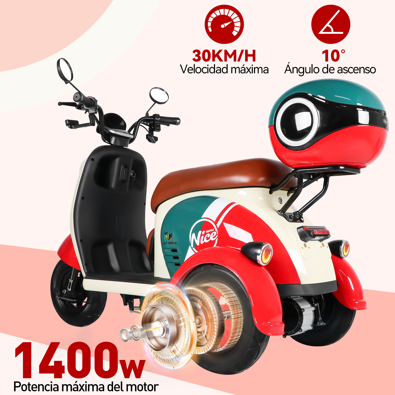 Foto 3 pulgar | Moto Bici Eléctrica 3 Ruedas Honey Whale V1 Roja