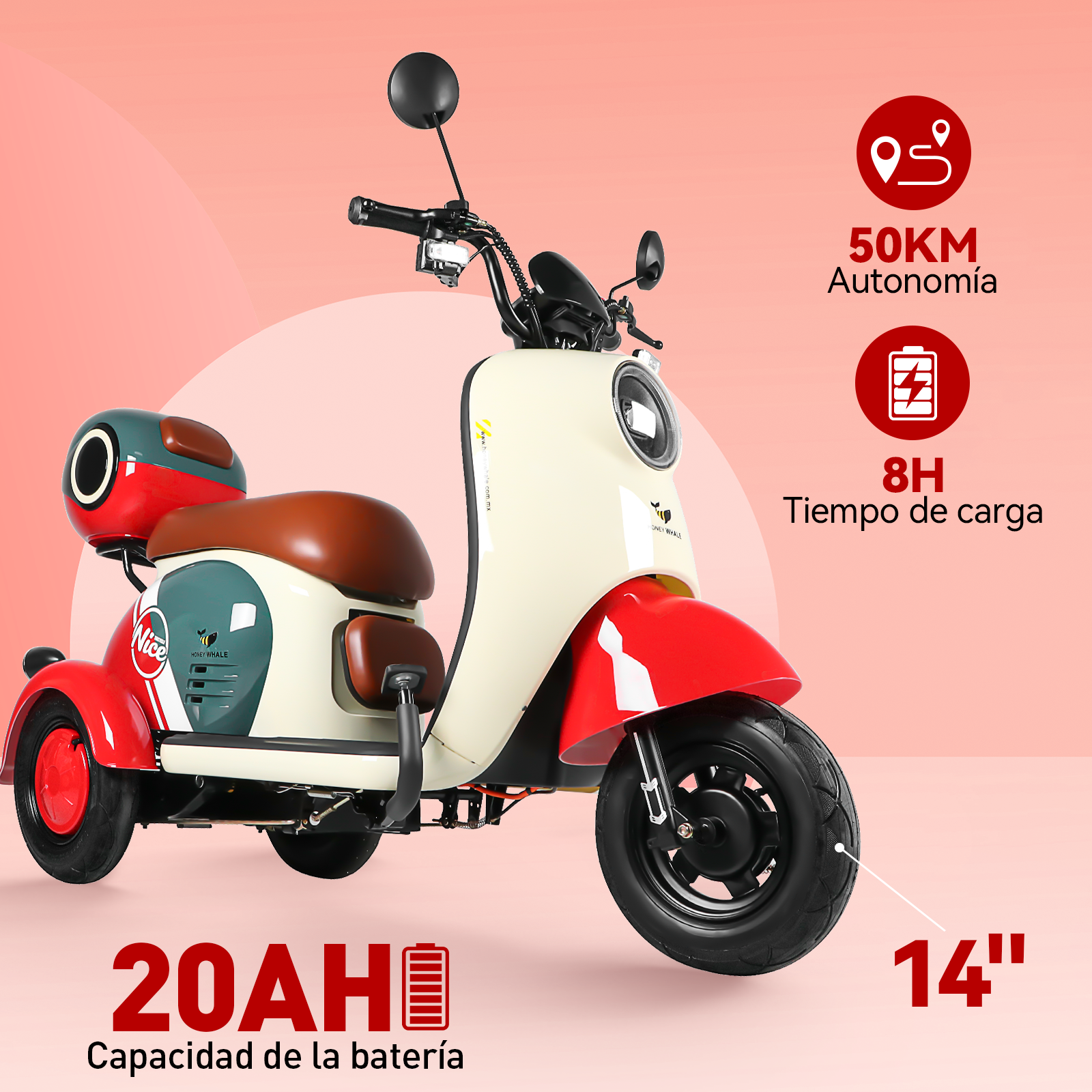 Foto 5 pulgar | Moto Bici Eléctrica 3 Ruedas Honey Whale V1 Roja