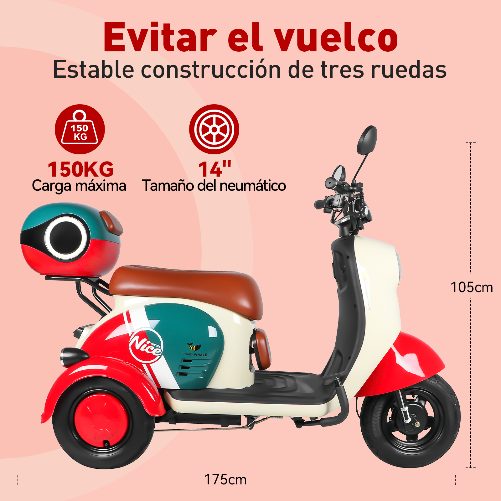 Foto 7 pulgar | Moto Bici Eléctrica 3 Ruedas Honey Whale V1 Roja