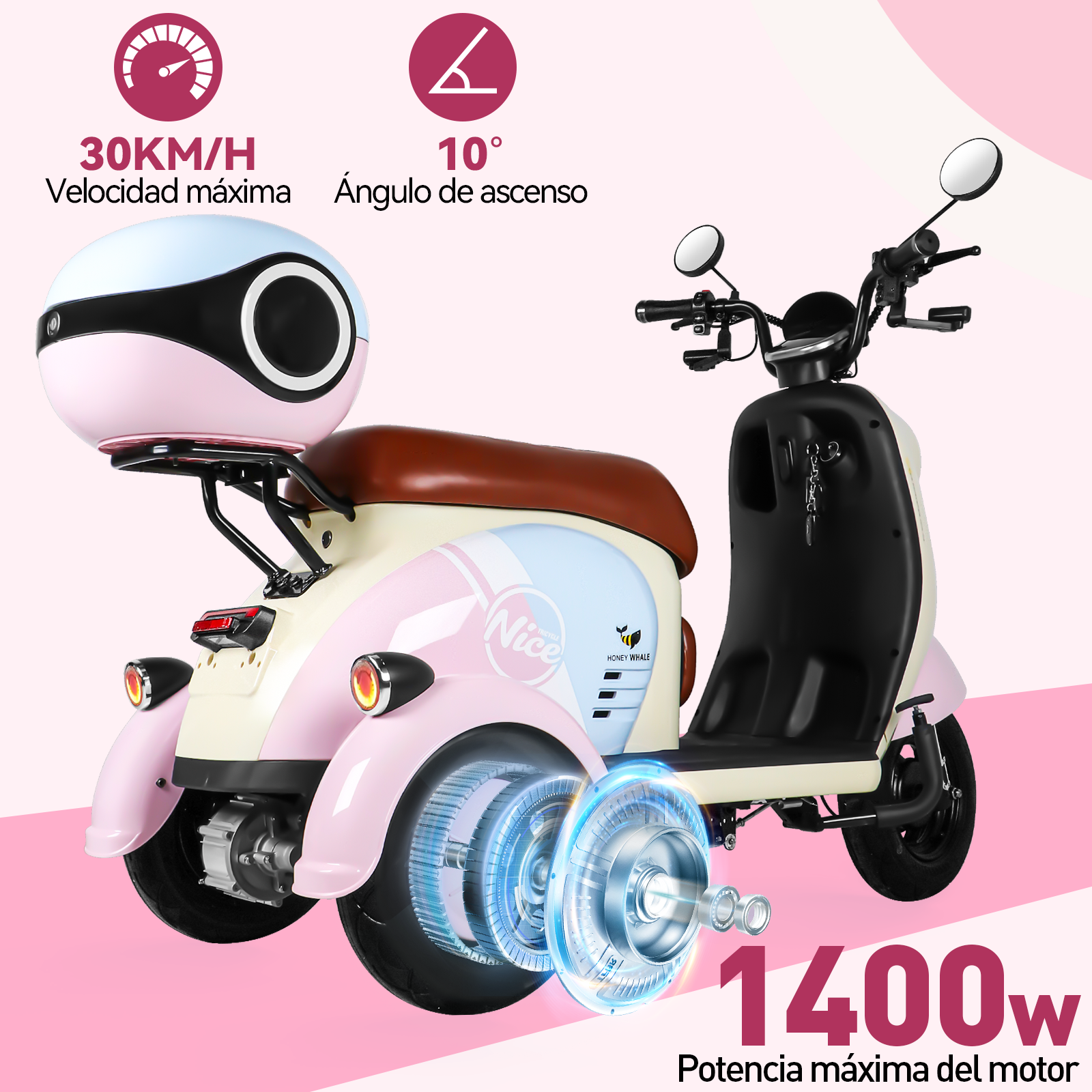 Foto 3 pulgar | Moto Bici Eléctrica 3 Ruedas Honey Whale V1 Rosa