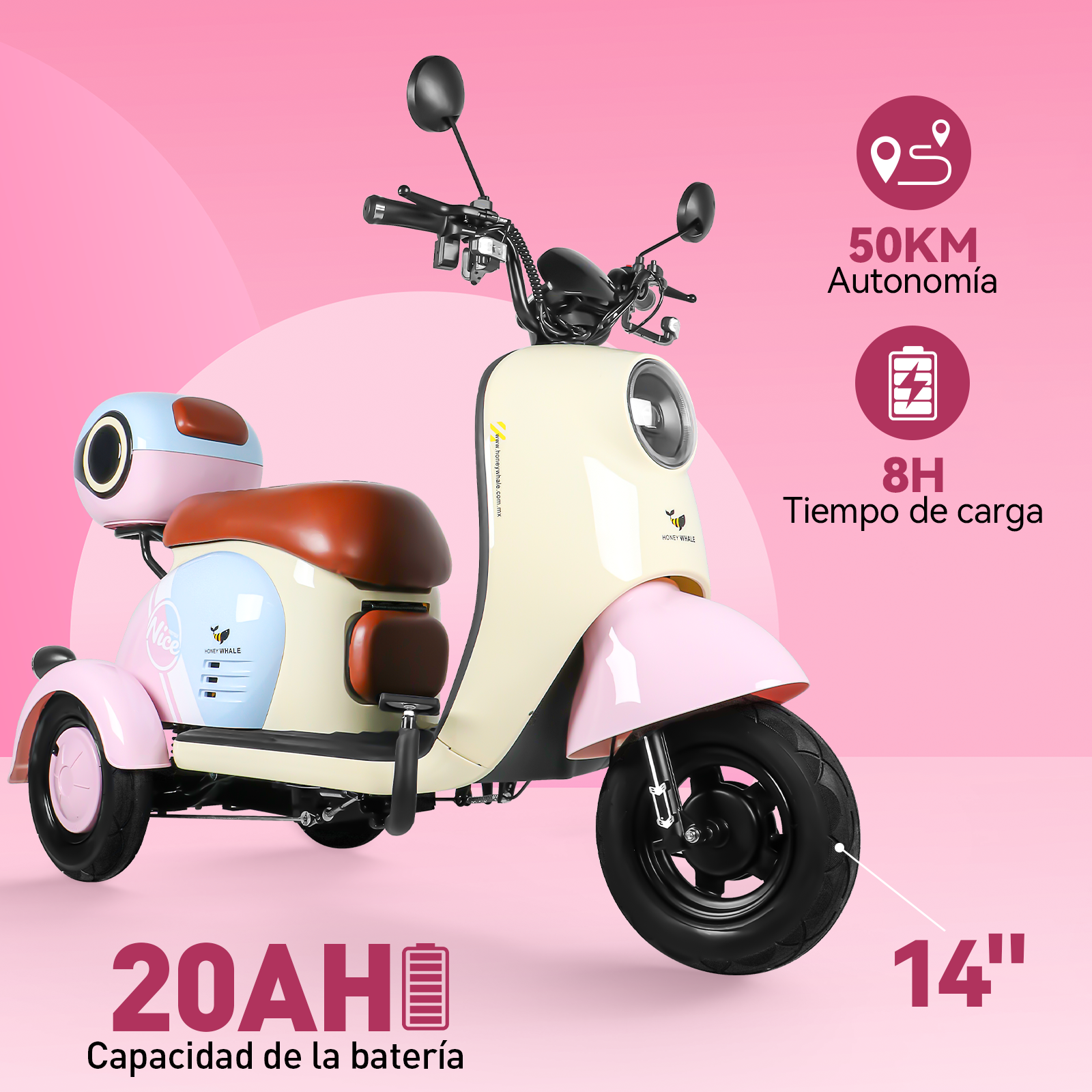 Foto 4 | Moto Bici Eléctrica 3 Ruedas Honey Whale V1 Rosa