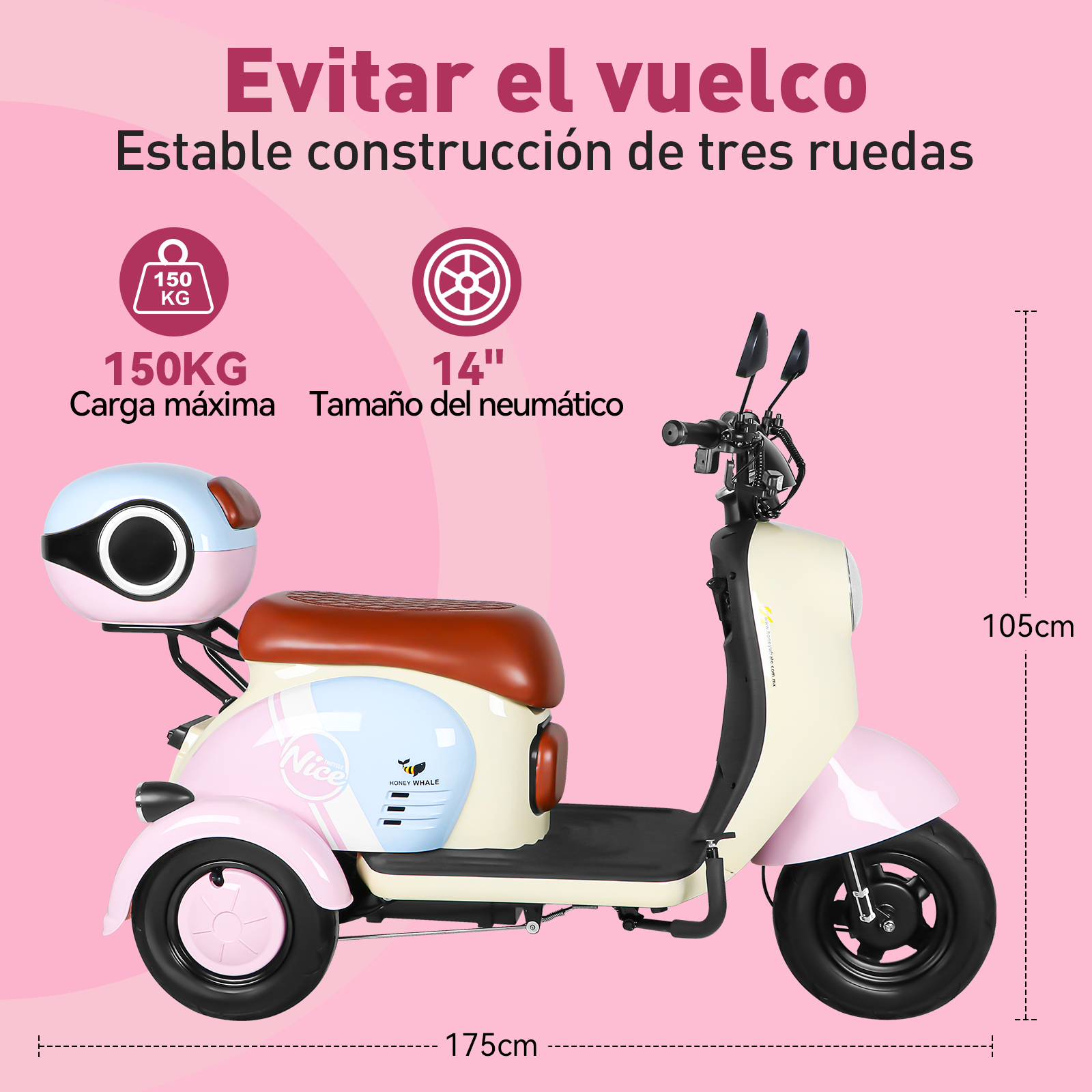 Foto 7 pulgar | Moto Bici Eléctrica 3 Ruedas Honey Whale V1 Rosa