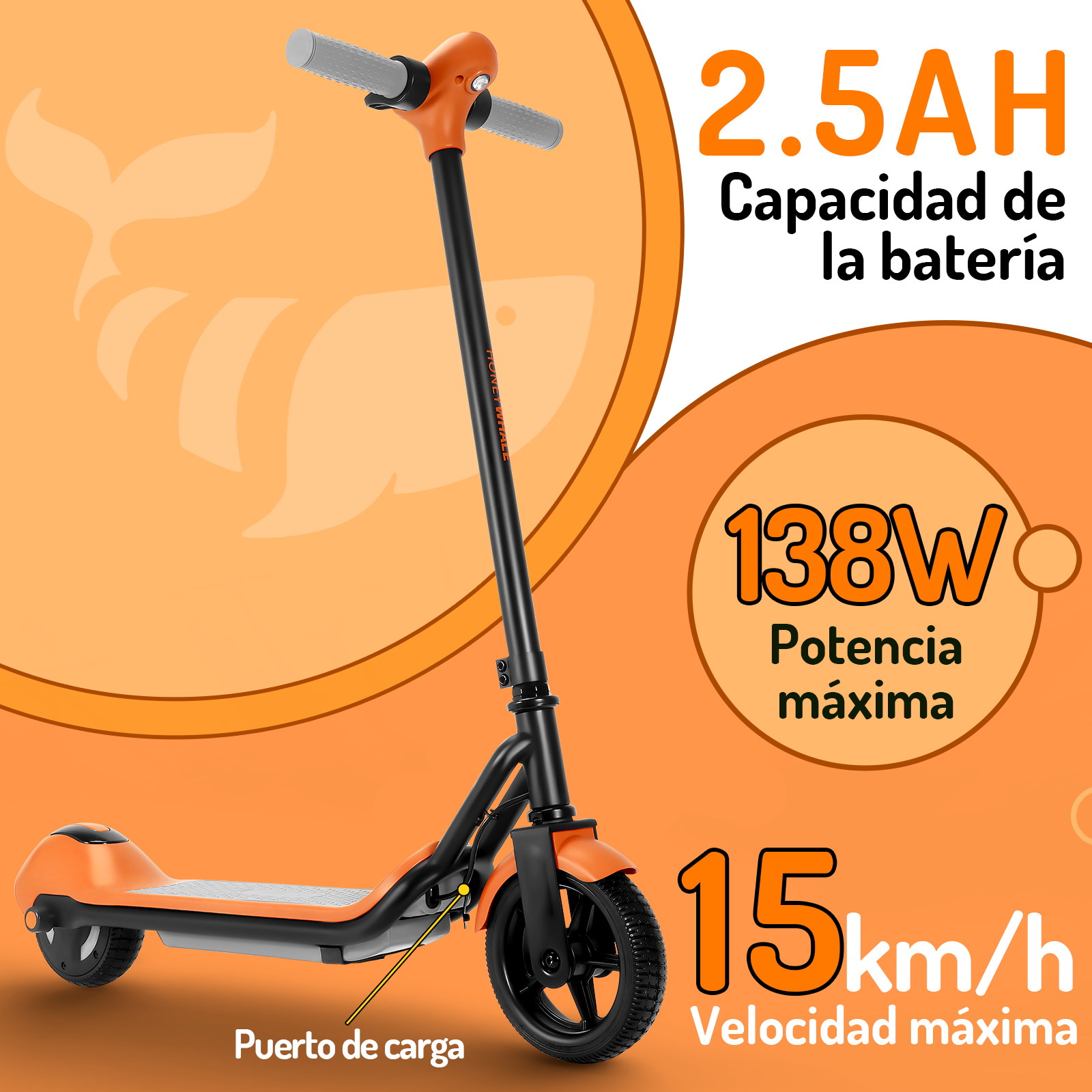 Foto 3 pulgar | Scooter Eléctrico Infantil Honey Whale E2 Naranja