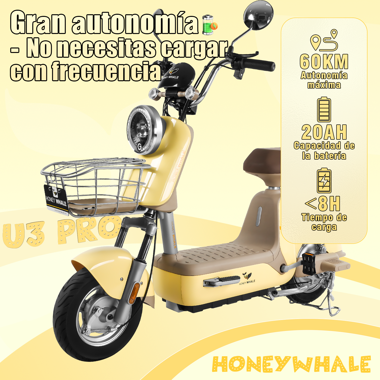 Foto 4 pulgar | Motobici Electrica Honey Whale U3-pro Amarillo