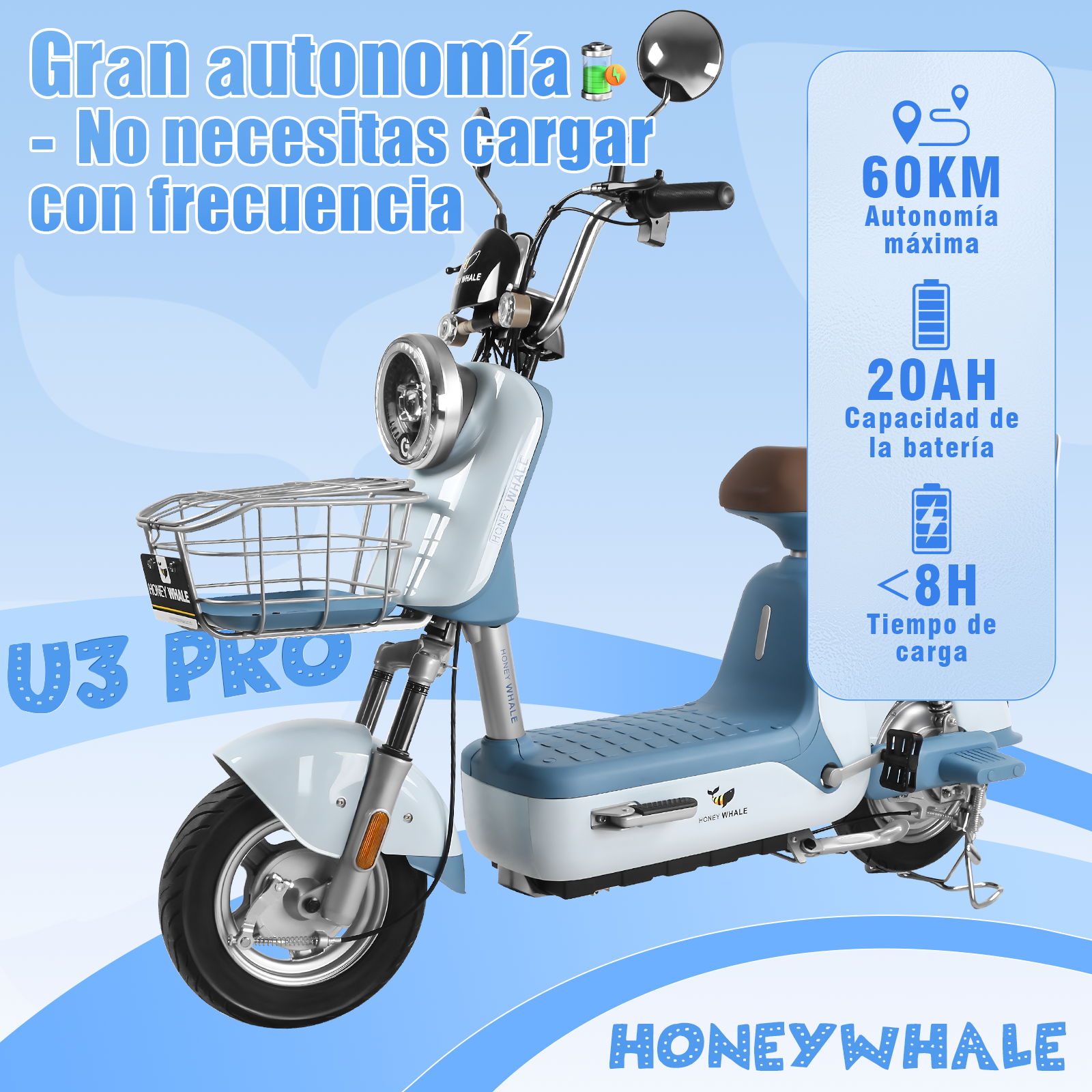 Foto 4 pulgar | Motobici Electrica Honey Whale U3-pro Azul