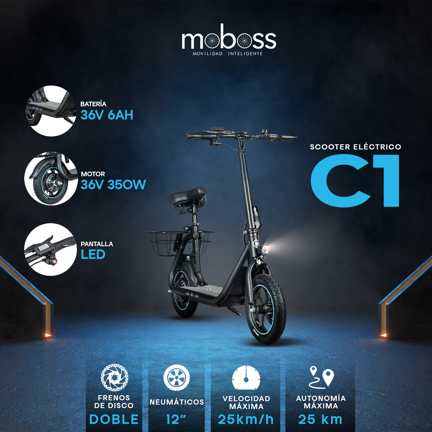 Foto 7 | Scooter Eléctrico Moboss C1 Negro 25 Km/h