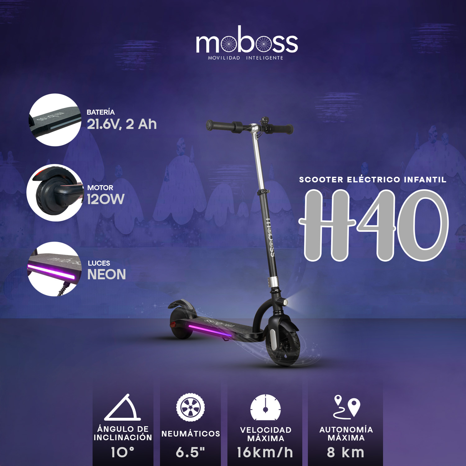 Foto 7 | Scooter Eléctrico Infantil Moboss H40 Plata 16 Km/h