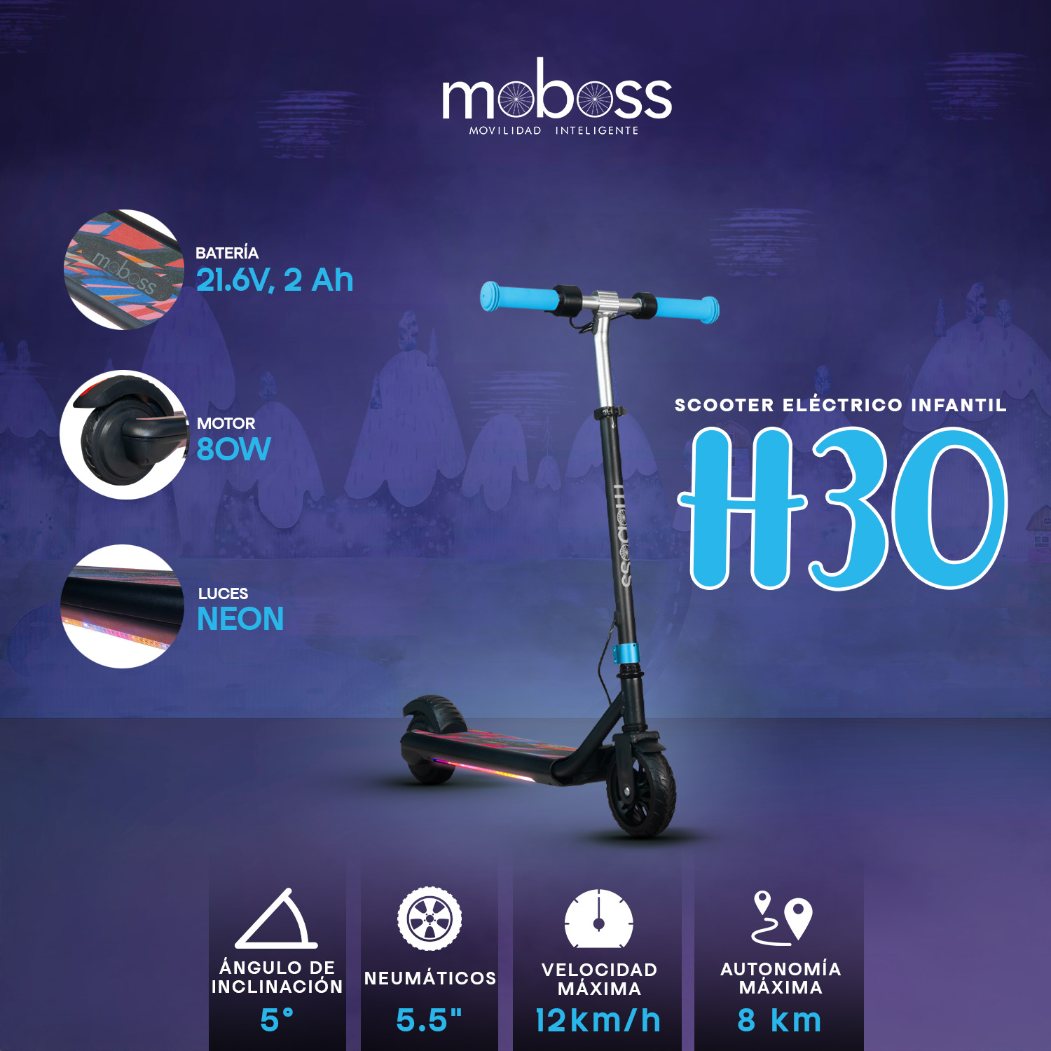 Foto 8 pulgar | Scooter Eléctrico Infantil Moboss H30 Max Azul 15 Km/h