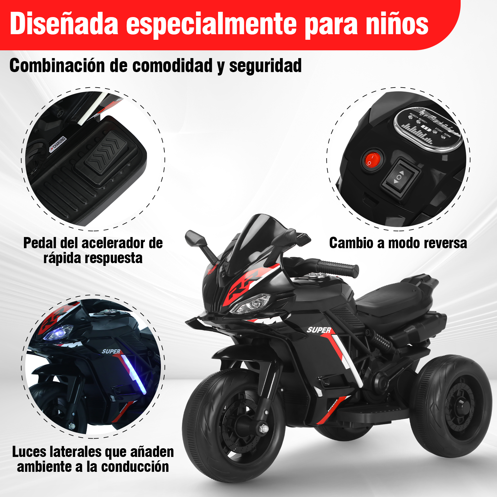 Foto 5 | Mini Moto Eléctrica Infantil Honey Whale Bdq-6688 Negra