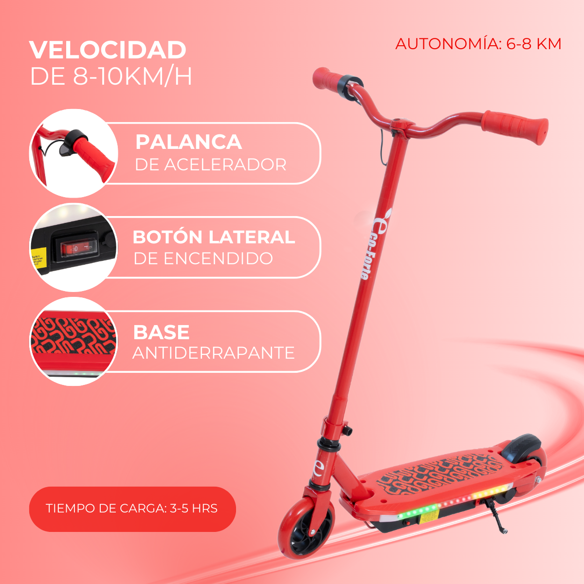 Foto 3 pulgar | Patín Eléctrico Eco-forte Sg09 Scooter Con Pata De Soporte Rojo