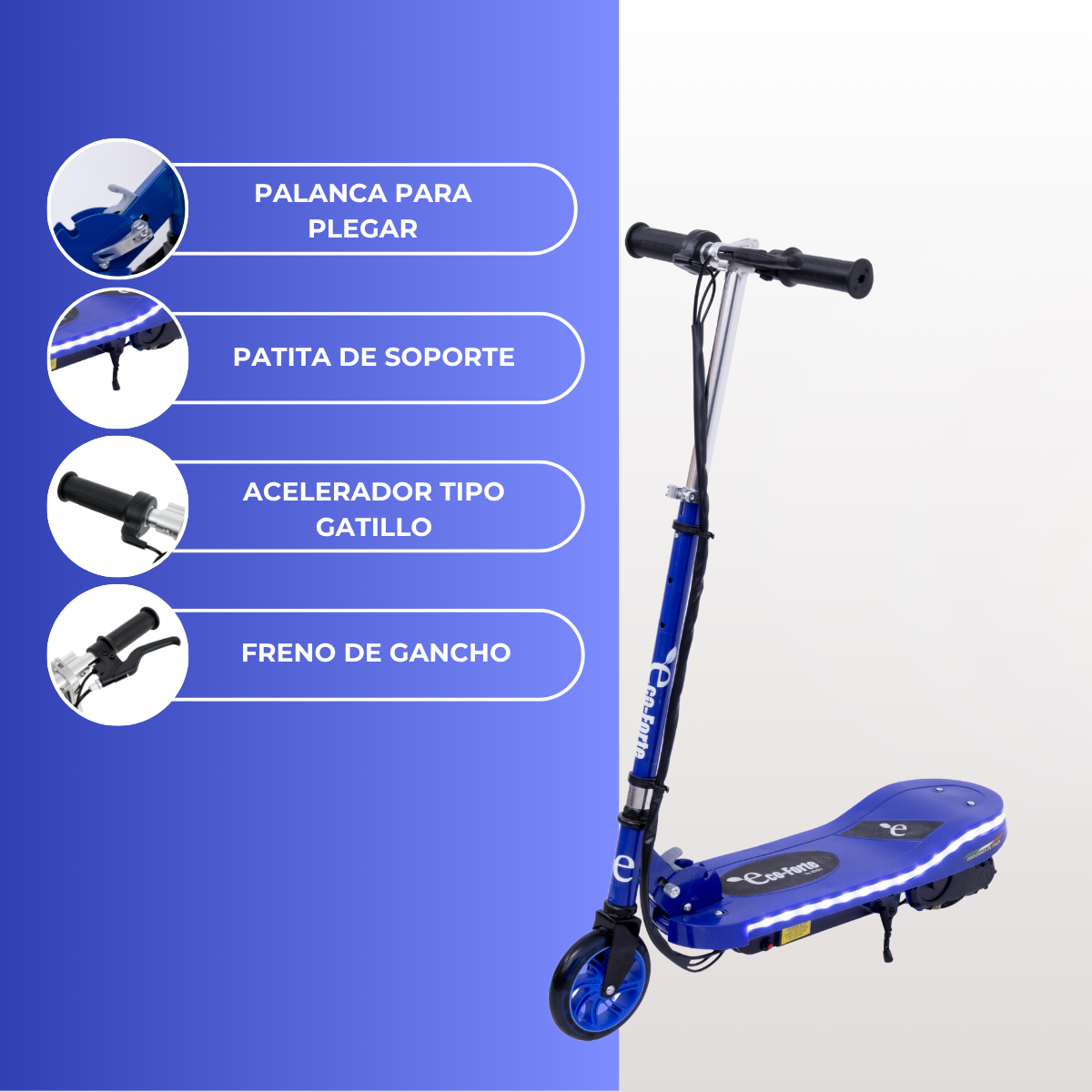 Foto 5 pulgar | Scooter Patín Eléctrico Eco-forte Con Luces Cd05 120w 12km/h Azul