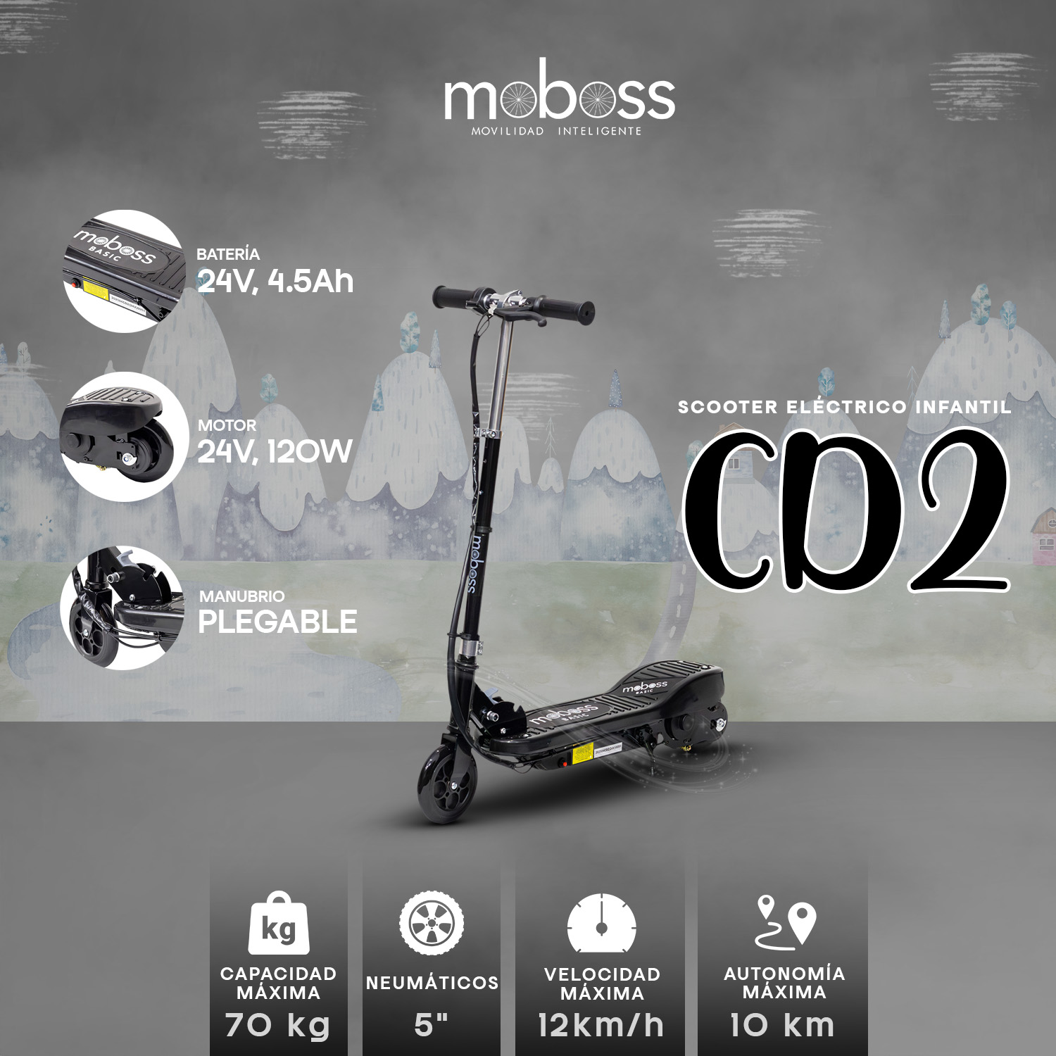 Foto 3 pulgar | Scooter Electrico Infantil Plegable Moboss Cd2 Negro