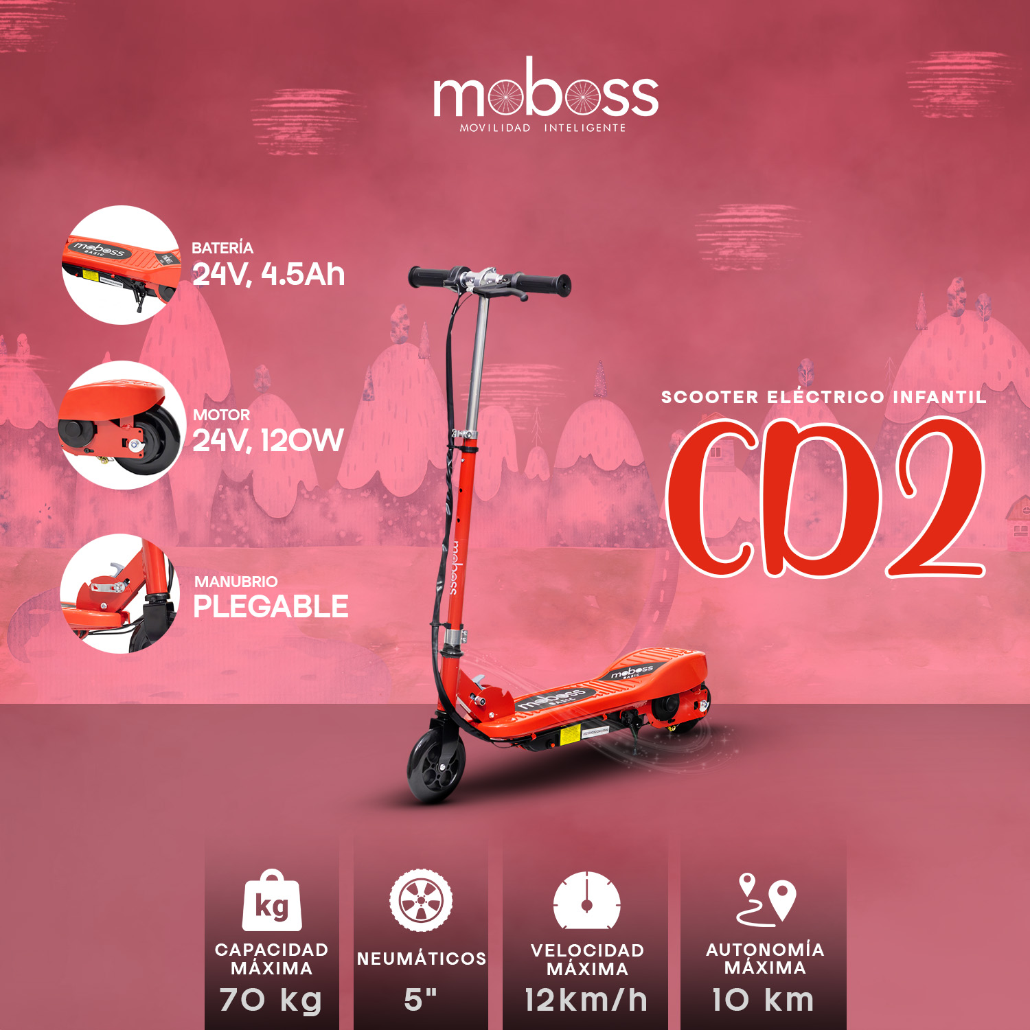 Foto 5 pulgar | Scooter Eléctrico Infantil Plegable Moboss Cd2 Rojo