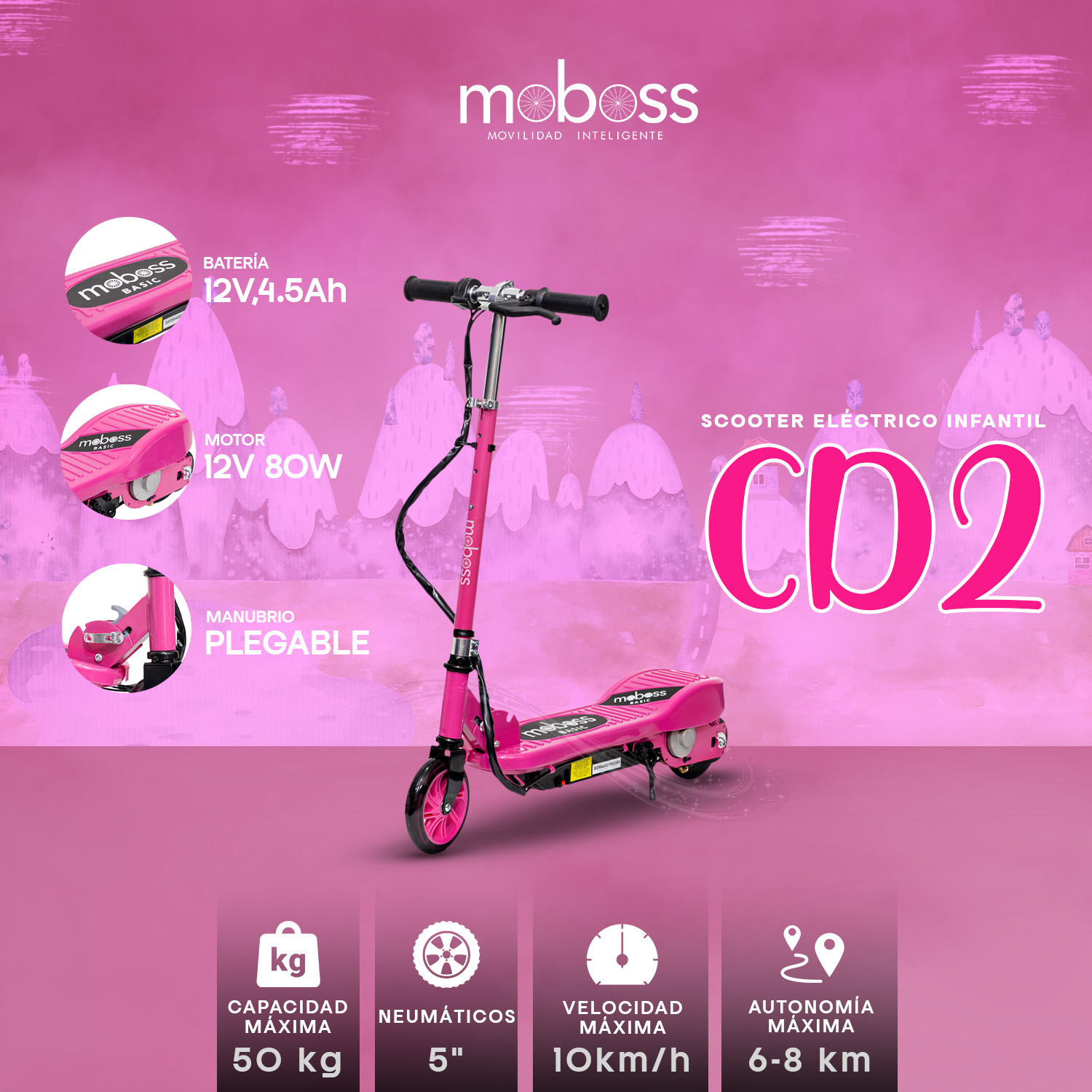Foto 5 pulgar | Scooter Eléctrico Infantil Plegable Moboss Cd2 12v Rosa