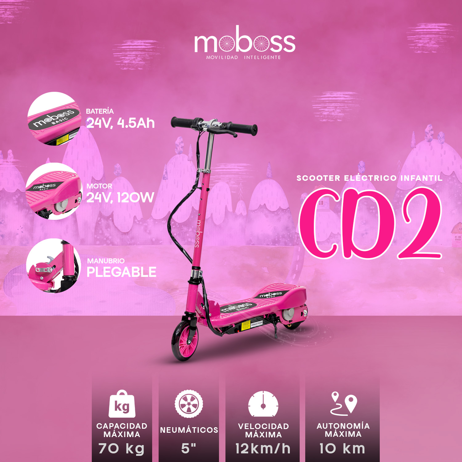 Foto 5 pulgar | Scooter Eléctrico Infantil Plegable Moboss Cd2 Rosa
