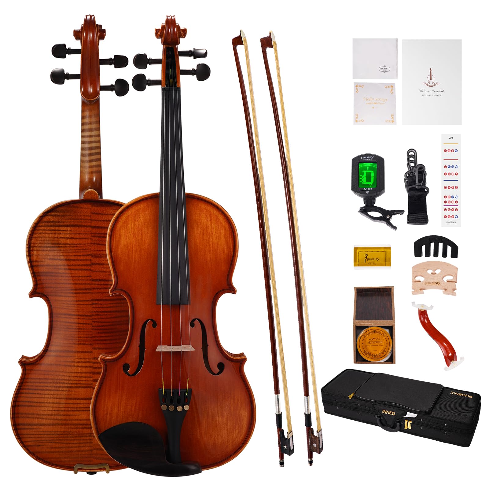 Juego De Violines Phoenix 4/4 De Tamaño Completo De Madera Maciza Para Principiantes - Venta Internacional.