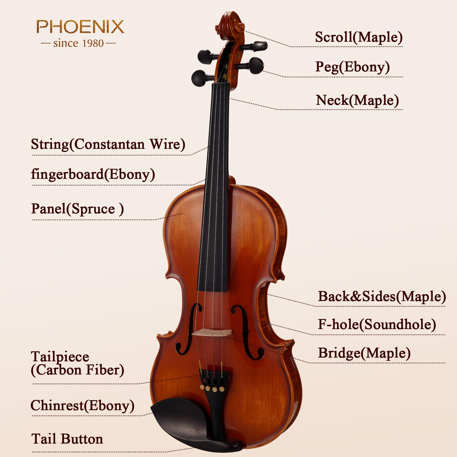 Foto 5 | Juego De Violines Phoenix 4/4 De Tamaño Completo De Madera Maciza Para Principiantes - Venta Internacional.