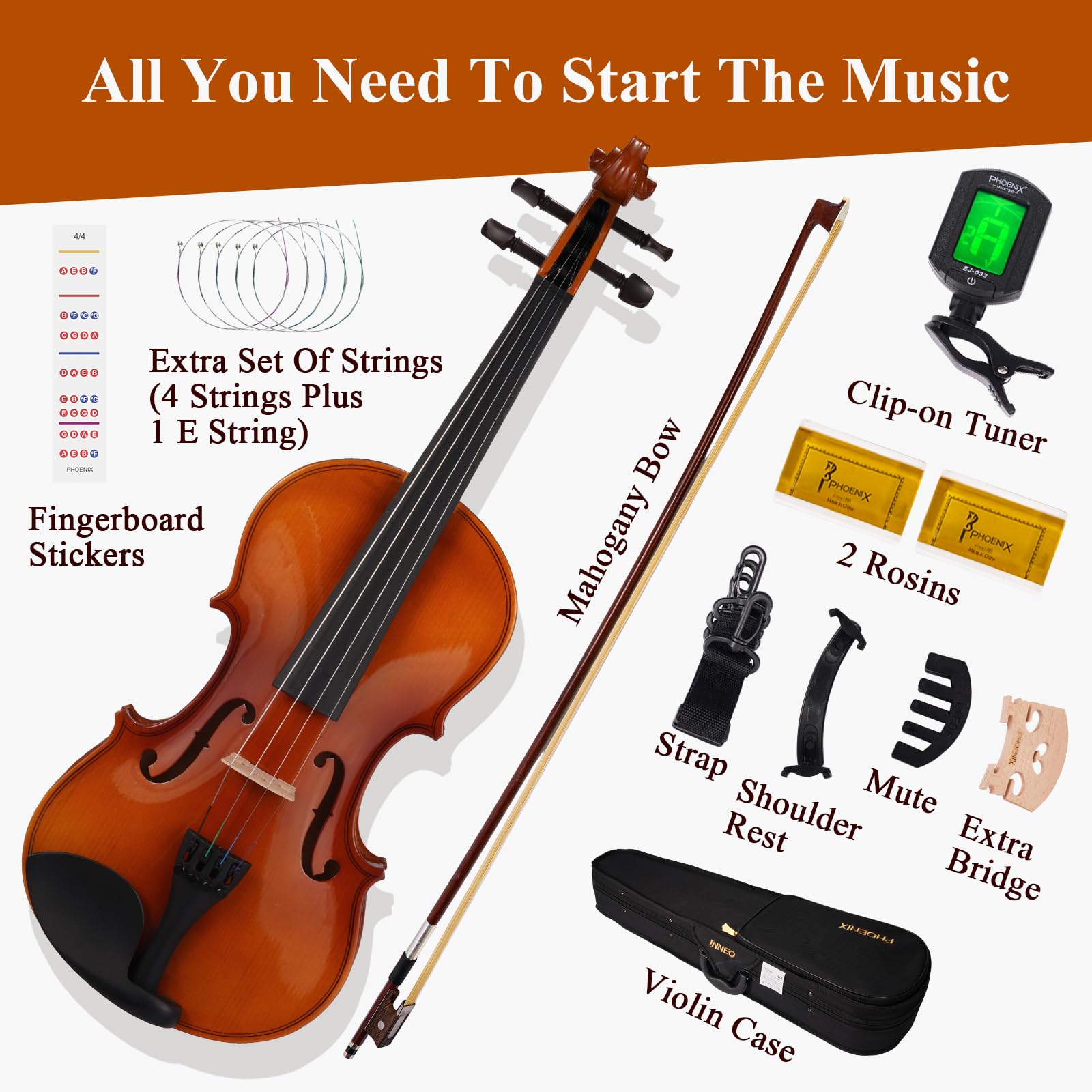 Foto 7 pulgar | Kit De Violín Phoenix 4/4 De Tamaño Completo Para Principiantes Con Accesorios - Venta Internacional.