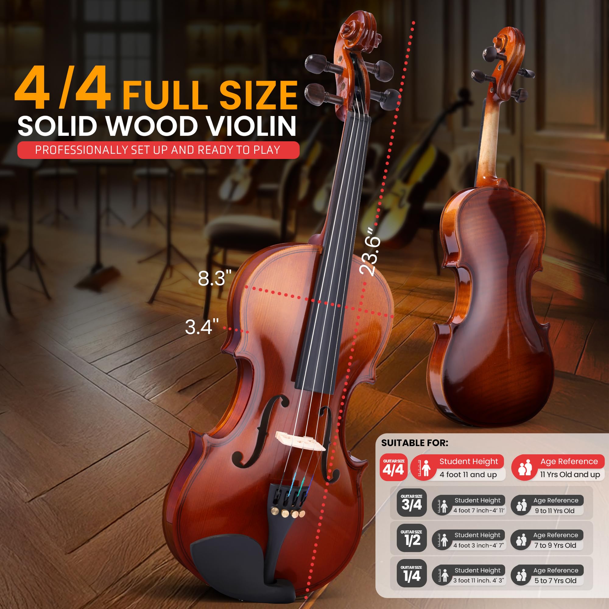 Foto 3 pulgar | Violín Pyle Premium De Madera Maciza De Tamaño Completo 4/4 Con Kit De Accesorios - Venta Internacional.