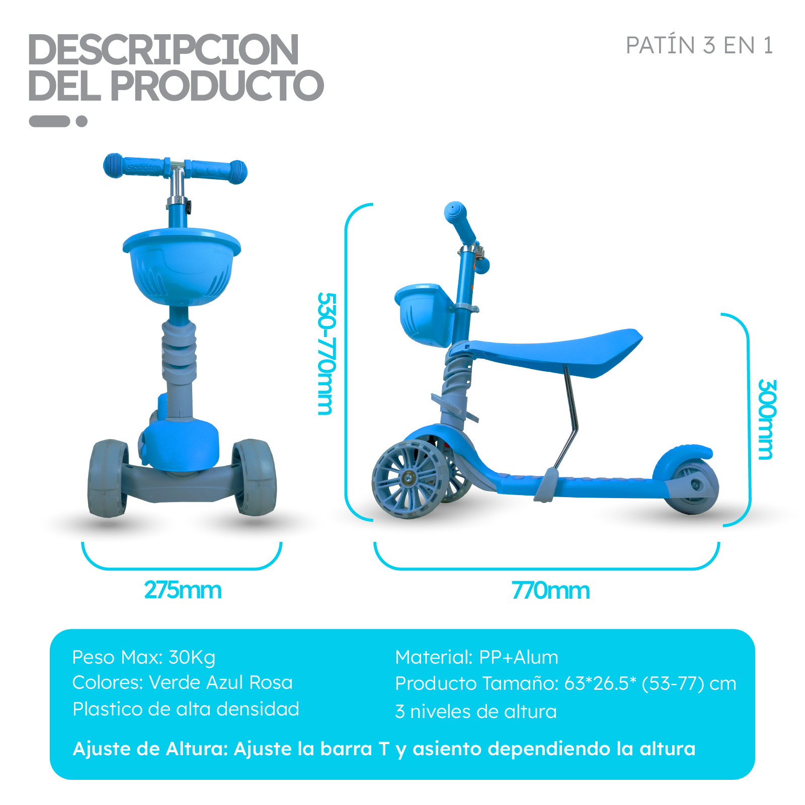 Foto 3 | Scooter Guevara Sports Patín 3 en 1 Para Niños color Azul Ruedas con Luces Led