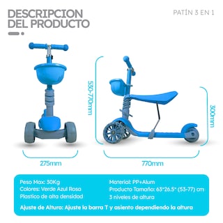Foto 3 | Scooter Guevara Sports Patín 3 en 1 Para Niños color Azul Ruedas con Luces Led