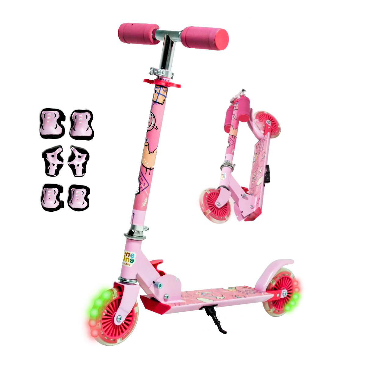 Patín del Diablo Infantil Guevara Sports Rosa Plegable y Ajustable con 3 Ruedas y Luz Led para Niñas y Niños