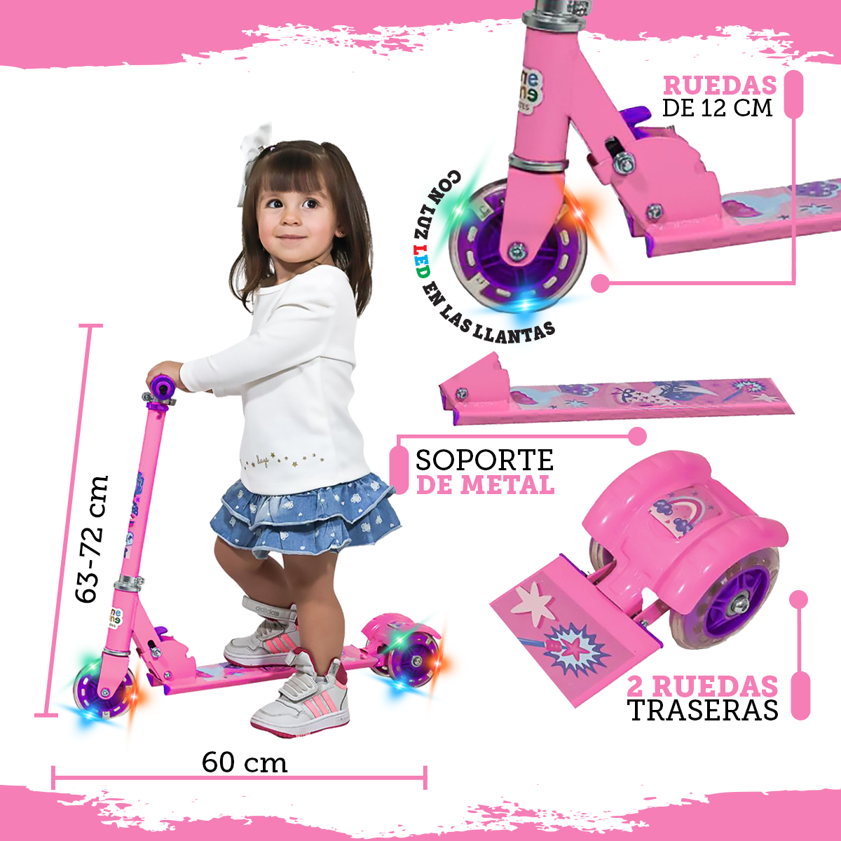 Foto 3 pulgar | Patín del Diablo Infantil Guevara Sports Rosa Plegable y Ajustable con 3 Ruedas y Luz Led para Niñas y Niños