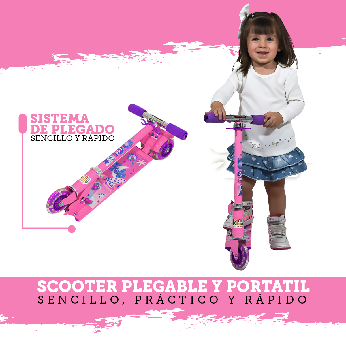 Foto 5 pulgar | Patín del Diablo Infantil Guevara Sports Rosa Plegable y Ajustable con 3 Ruedas y Luz Led para Niñas y Niños
