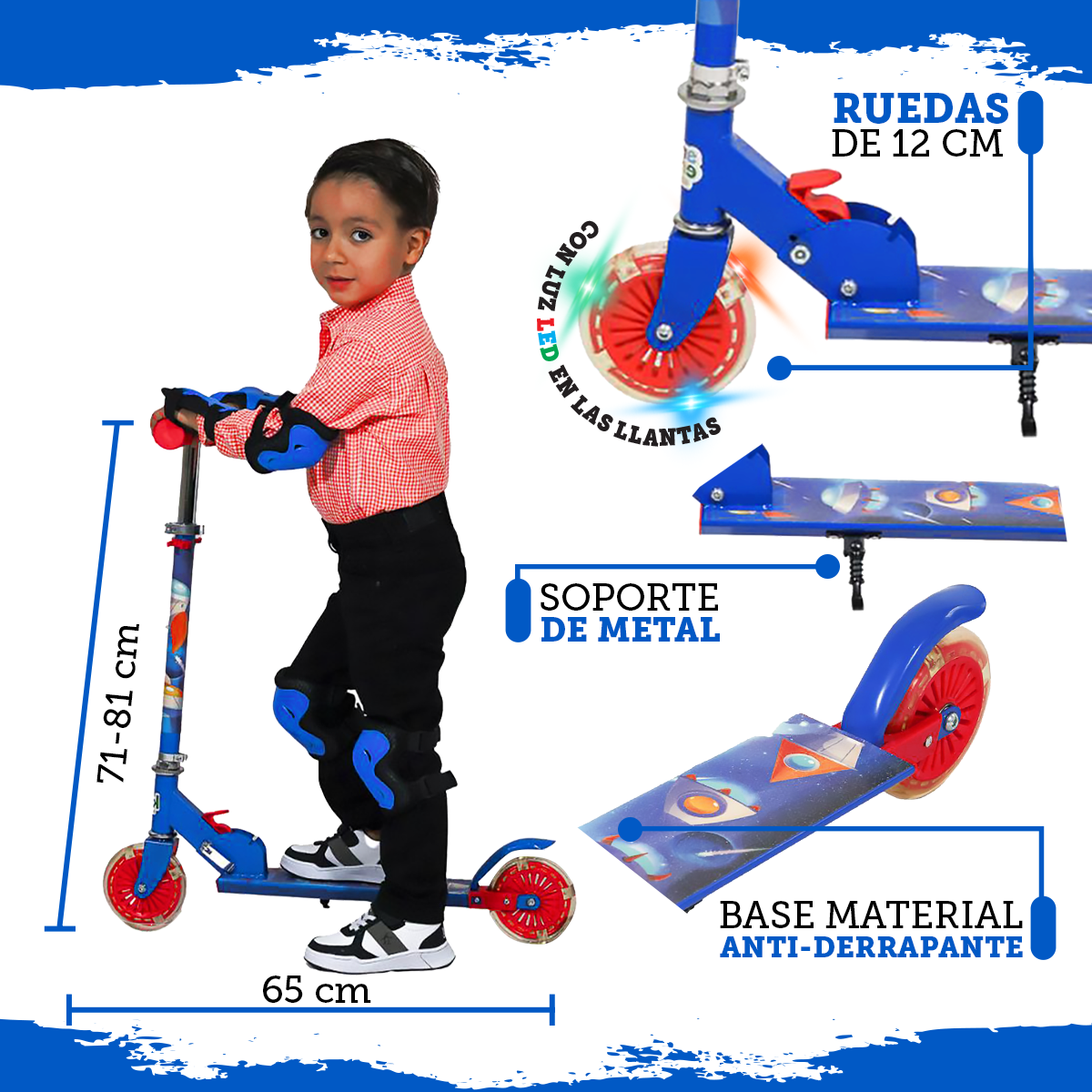Foto 2 | Scooter Guevara Sports Infantil Azul Plegable y Ajustable con 2 Ruedas y Luz Led