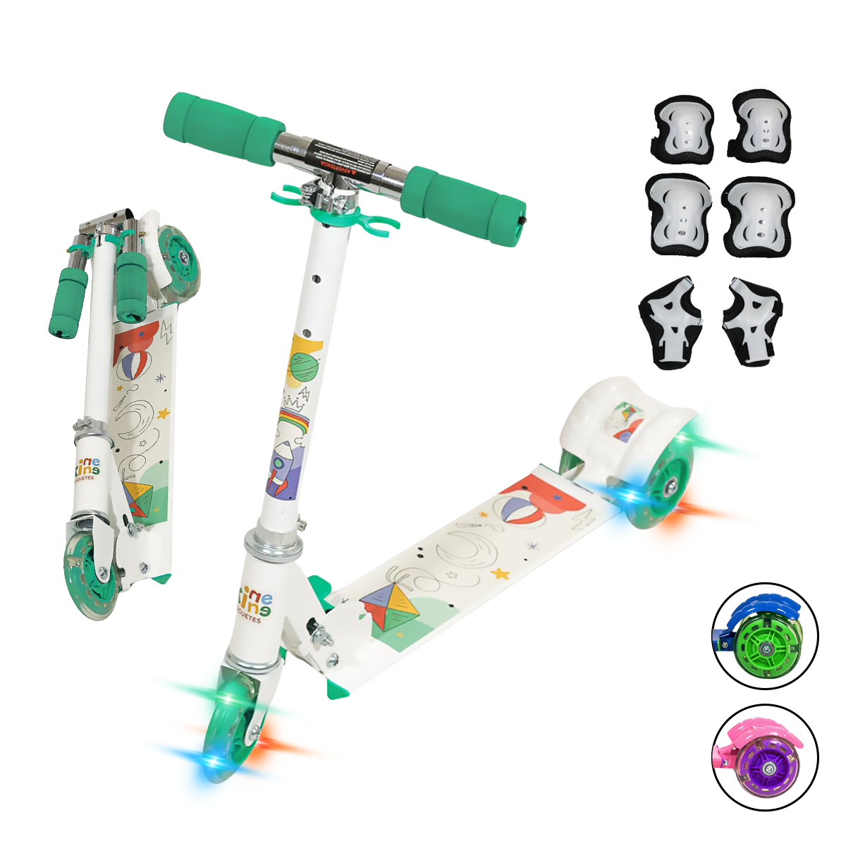 Patín del Diablo Infantil Guevara Sports Blanco Plegable y Ajustable con 3 Ruedas y Luz Led para Niños