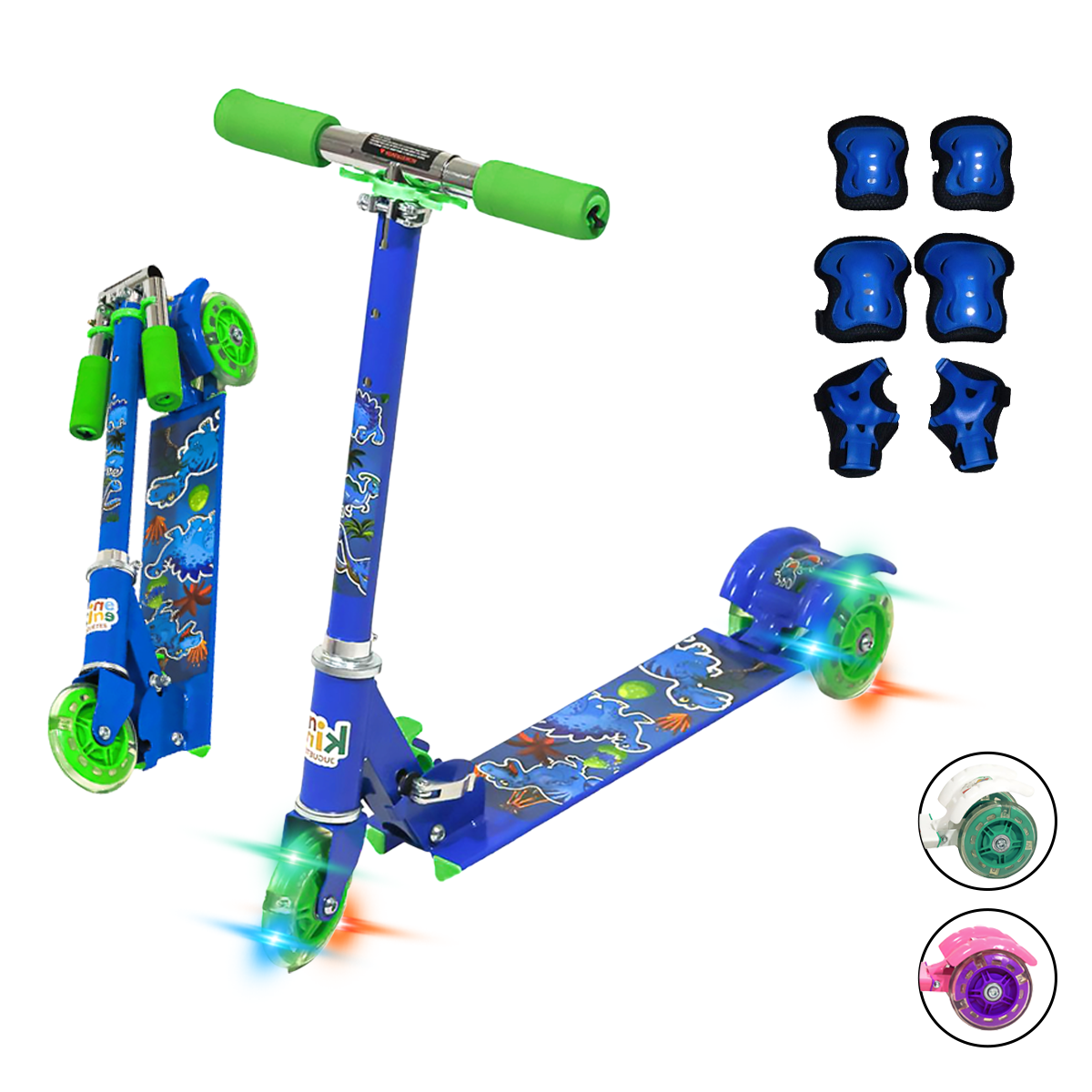 Patín del Diablo Infantil Guevara Sports Azul Plegable y Ajustable con 3 Ruedas y Luz Led para Niños