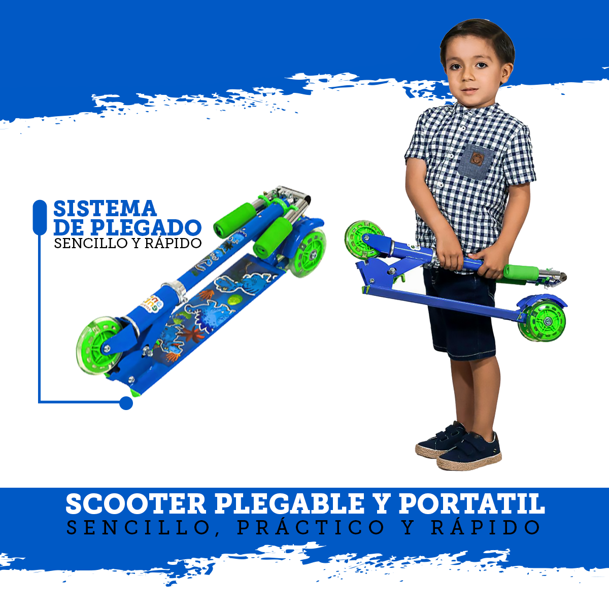 Foto 5 pulgar | Patín del Diablo Infantil Guevara Sports Azul Plegable y Ajustable con 3 Ruedas y Luz Led para Niños