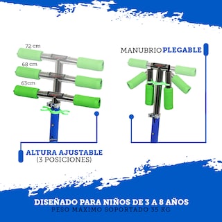 Foto 6 | Patín del Diablo Infantil Guevara Sports Azul Plegable y Ajustable con 3 Ruedas y Luz Led para Niños