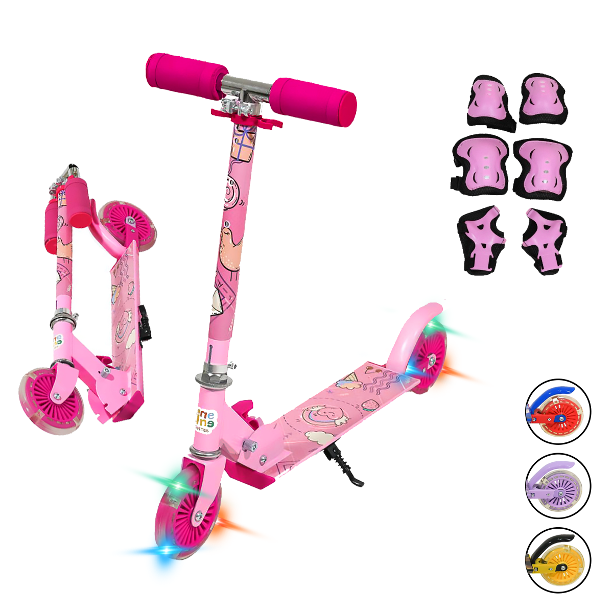 Patín del Diablo Guevara Sports Rosa Infantil Plegable y Ajustable con 2 Ruedas y Luz Led