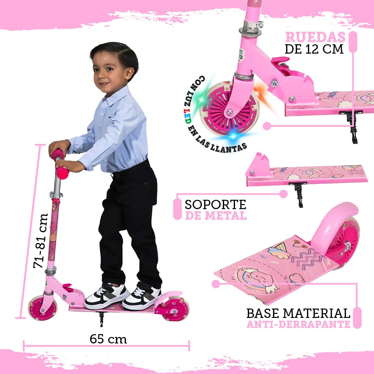 Foto 3 pulgar | Patín del Diablo Guevara Sports Rosa Infantil Plegable y Ajustable con 2 Ruedas y Luz Led