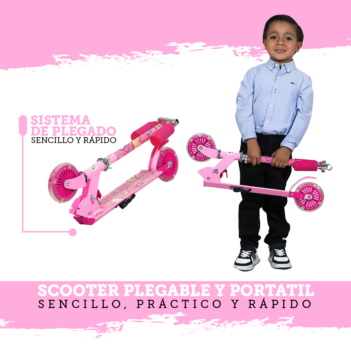 Foto 5 pulgar | Patín del Diablo Guevara Sports Rosa Infantil Plegable y Ajustable con 2 Ruedas y Luz Led