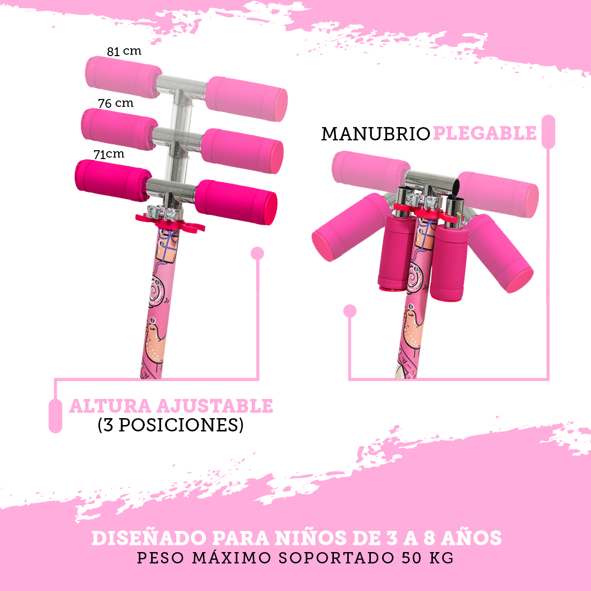 Foto 6 pulgar | Patín del Diablo Guevara Sports Rosa Infantil Plegable y Ajustable con 2 Ruedas y Luz Led