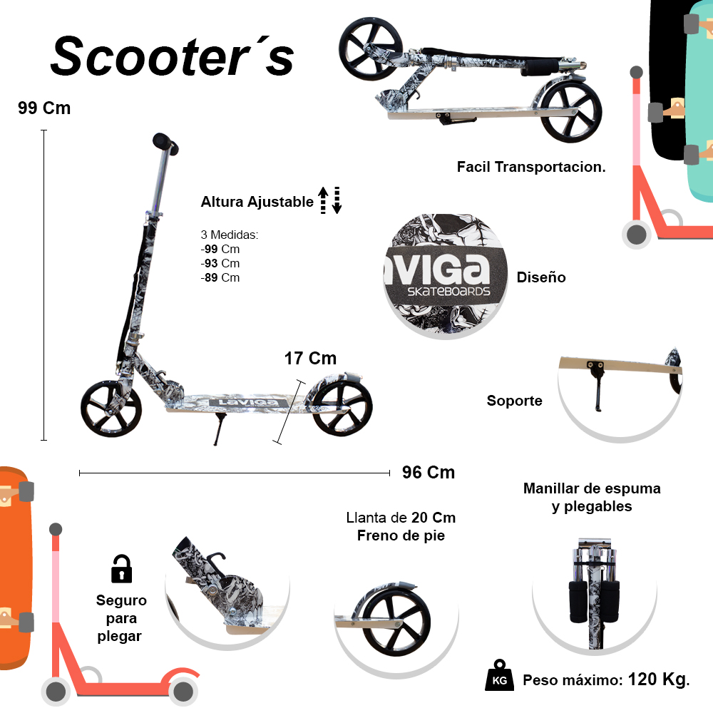 Foto 3 pulgar | Scooter Patín Plegable Juvenil Diseño Calaveras Con Accesorios Negros