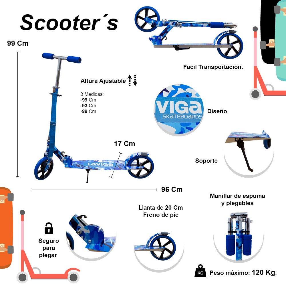 Foto 2 | Scooter Patín Plegable Juvenil Camuflaje Azul Con Accesorios Rojos