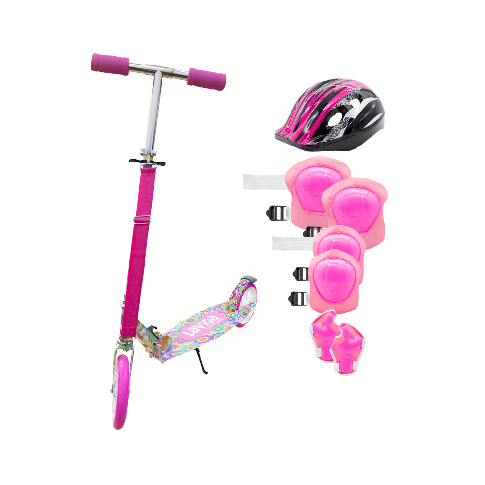 Scooter Patín Juvenil Diseño Flores Con Casco Y Protecciones Color Rosa