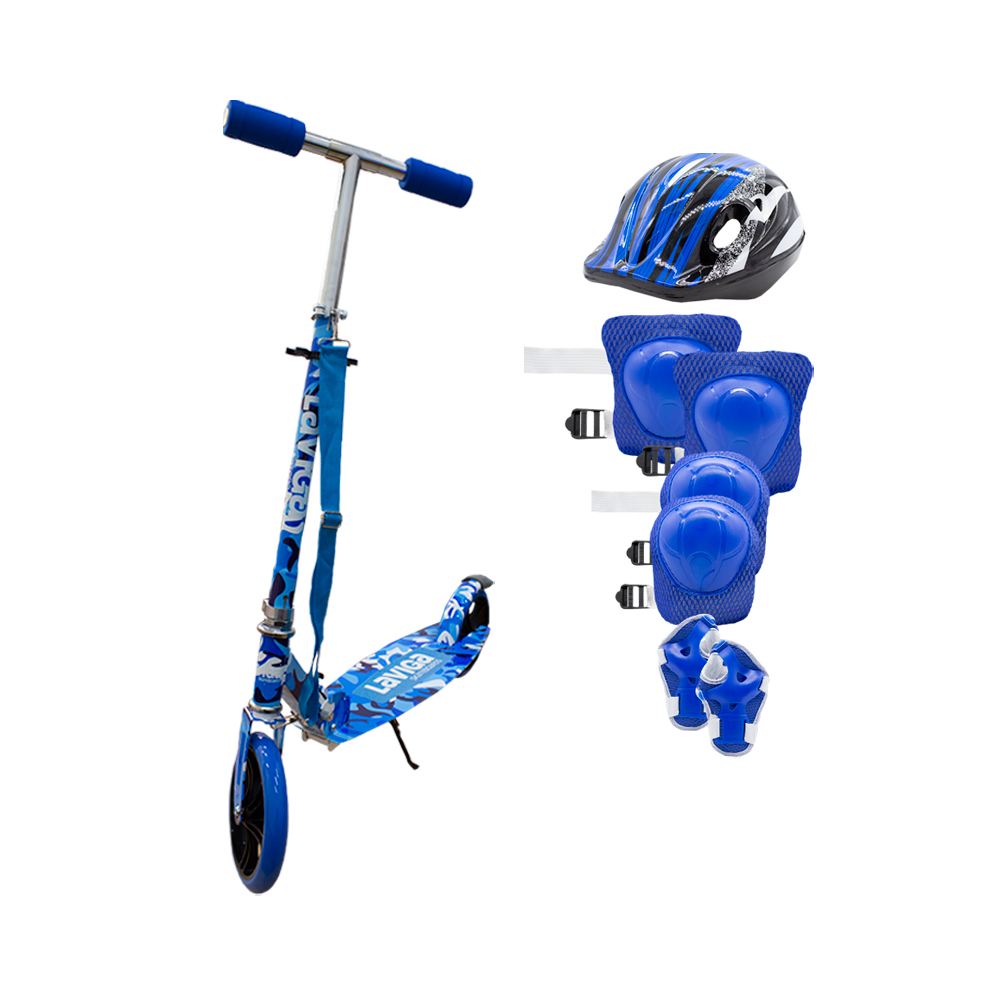 Scooter Patín Juvenil Diseño Azul Camuflaje Con Casco Y Protecciones Azules