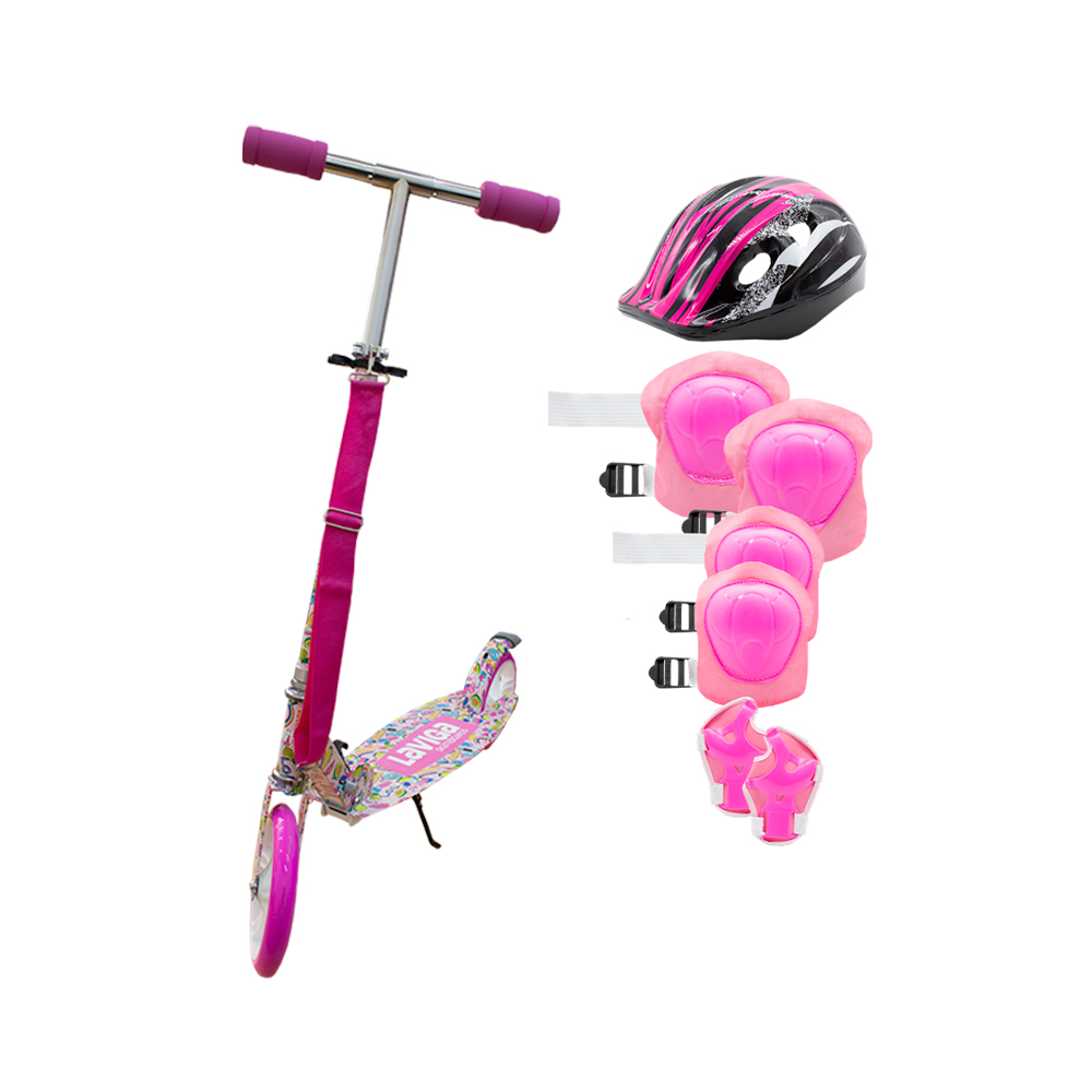 Scooter Patín Juvenil Diseño Stickers Con Casco Y Protecciones Color Rosa