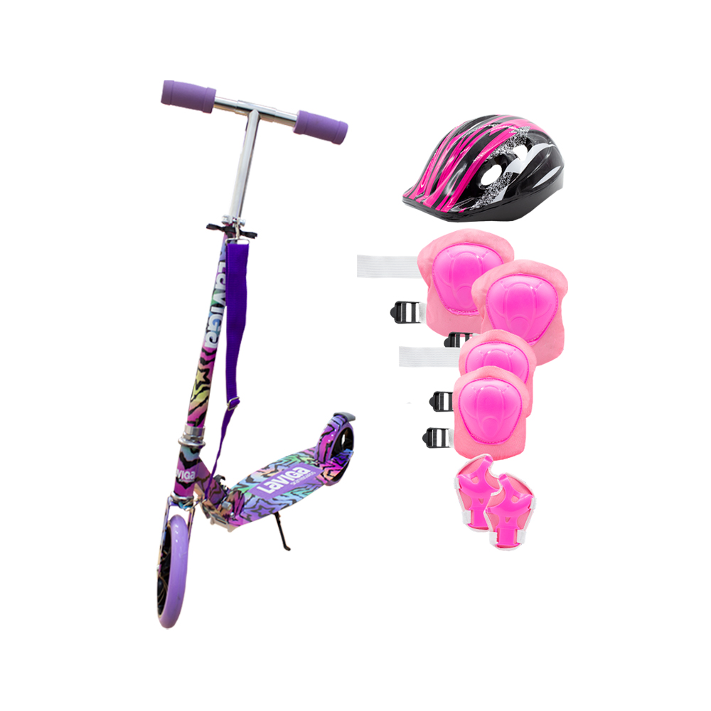 Scooter Patín Juvenil Diseño Estrellas Tie Dye Con Casco Y Protecciones Color Rosa