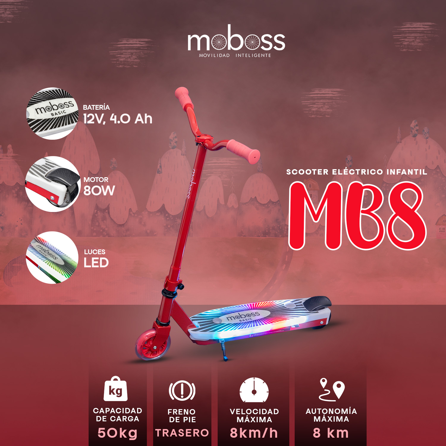 Foto 3 pulgar | Scooter Eléctrico Infantil Moboss Patín Mb8 Rojo