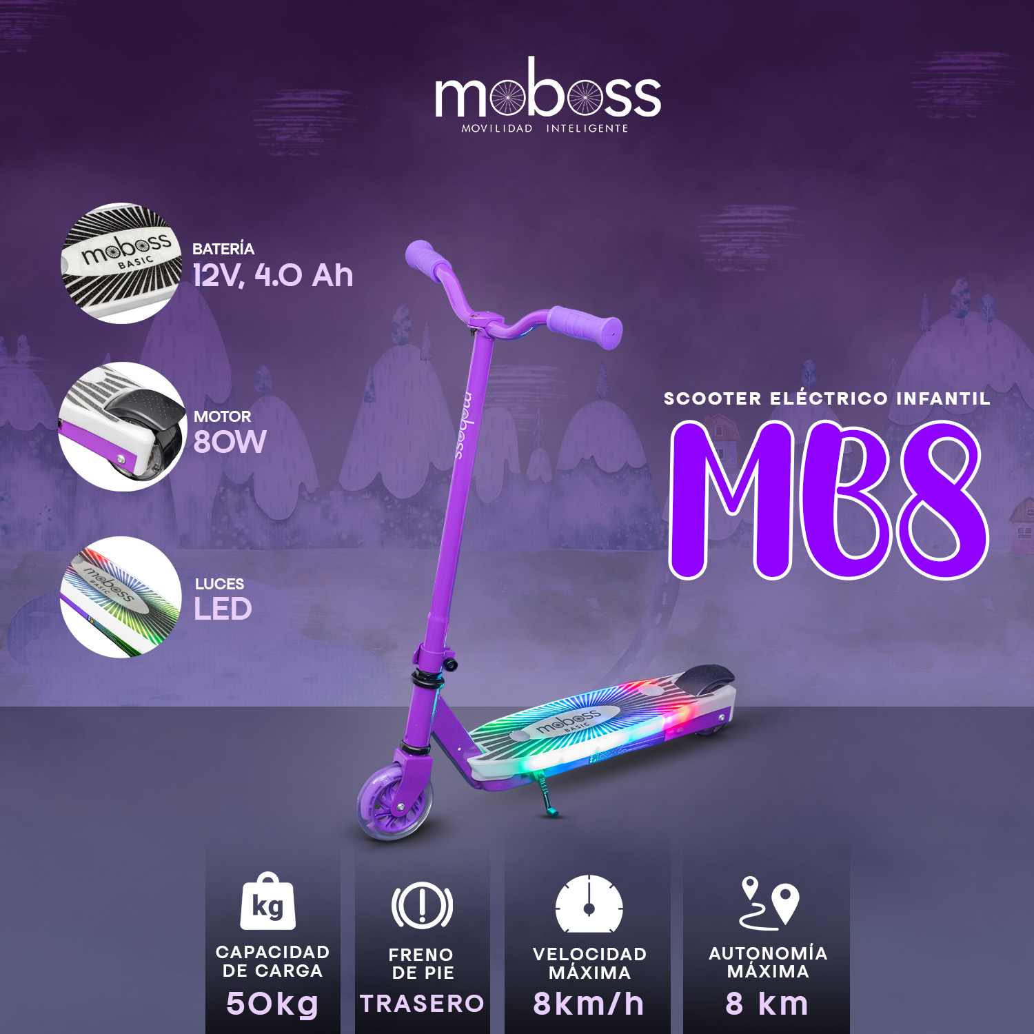 Foto 3 pulgar | Scooter Eléctrico Infantil Moboss Patín Mb8 Púrpura