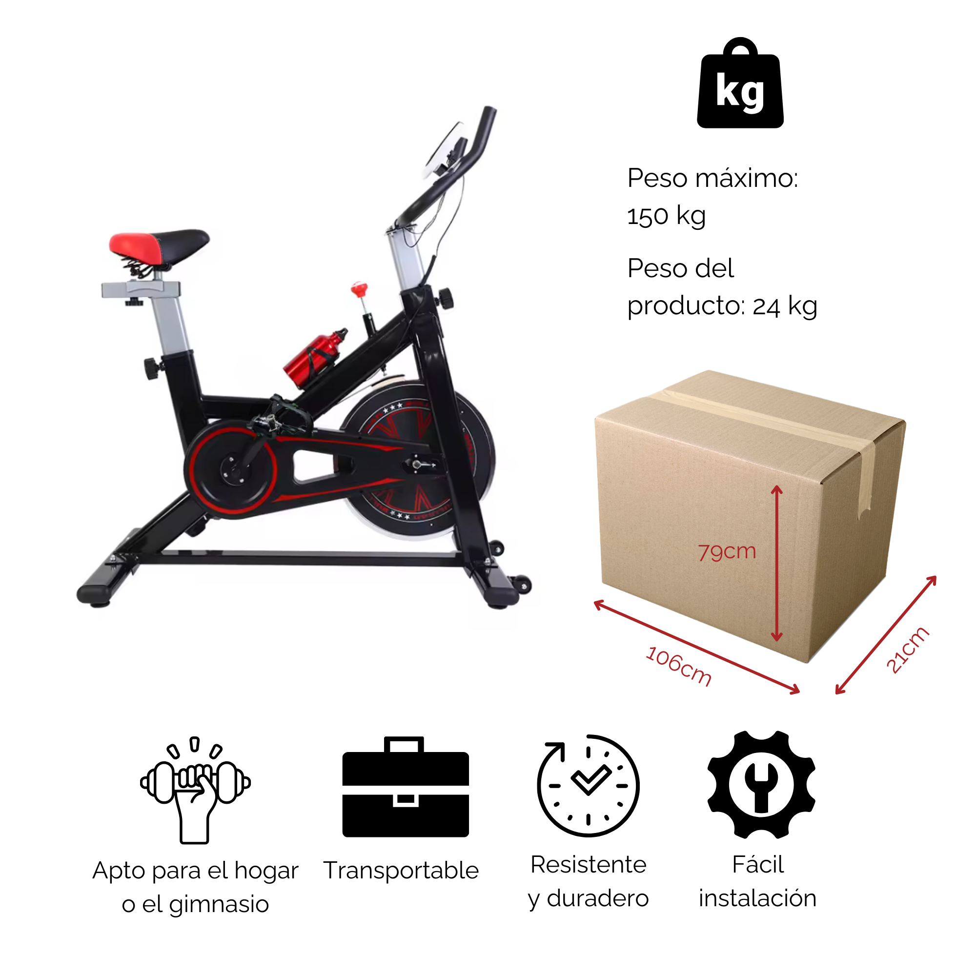 Foto 6 pulgar | Bicicleta Spinning Fija Estatica Disco 6 Kg Cardio Fitness Rojo